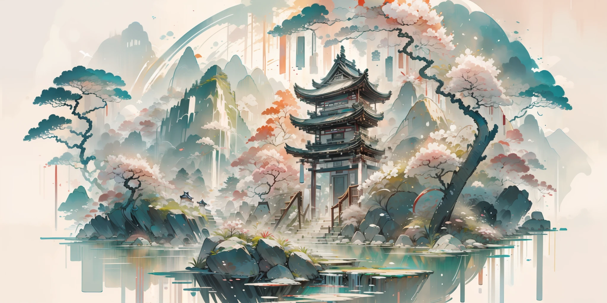 Une peinture de paysage oriental, La Chine ancienne, fond blanc extrêmement pur, rêveur, Romantique, démodé, 3D, 8k, projecteur, détails extrêmement fins, style wabi-sabi,