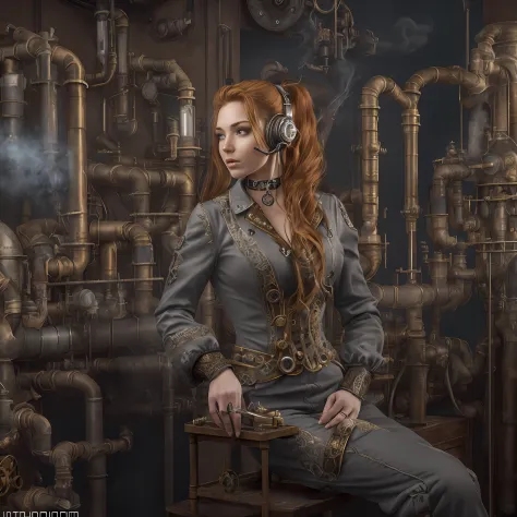 (photo, photorealistic:1.37), one girl, full body, sitting on a chair, shot from side, profile, slow motion, female steampunk en...