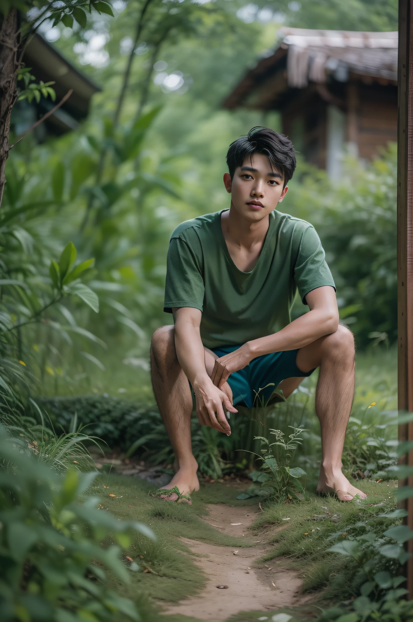 A comfortable and warm photo，Asian boys，Manhood: 25 years old, villager man shows off his feet，Foot_Focused，Wear black boxer shorts，Green space photos，Sit on the weeds，Keep your feet up，The barefoot，Toes，soles of feet，long leges，bends his knees，Spread your legs pose，The composition is awesome