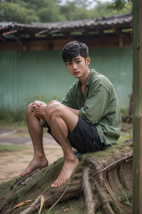 A comfortable and warm photo，Asian boys，Manhood: 25 years old, villager man shows off his feet，Foot_Focused，Wear black boxer sho...