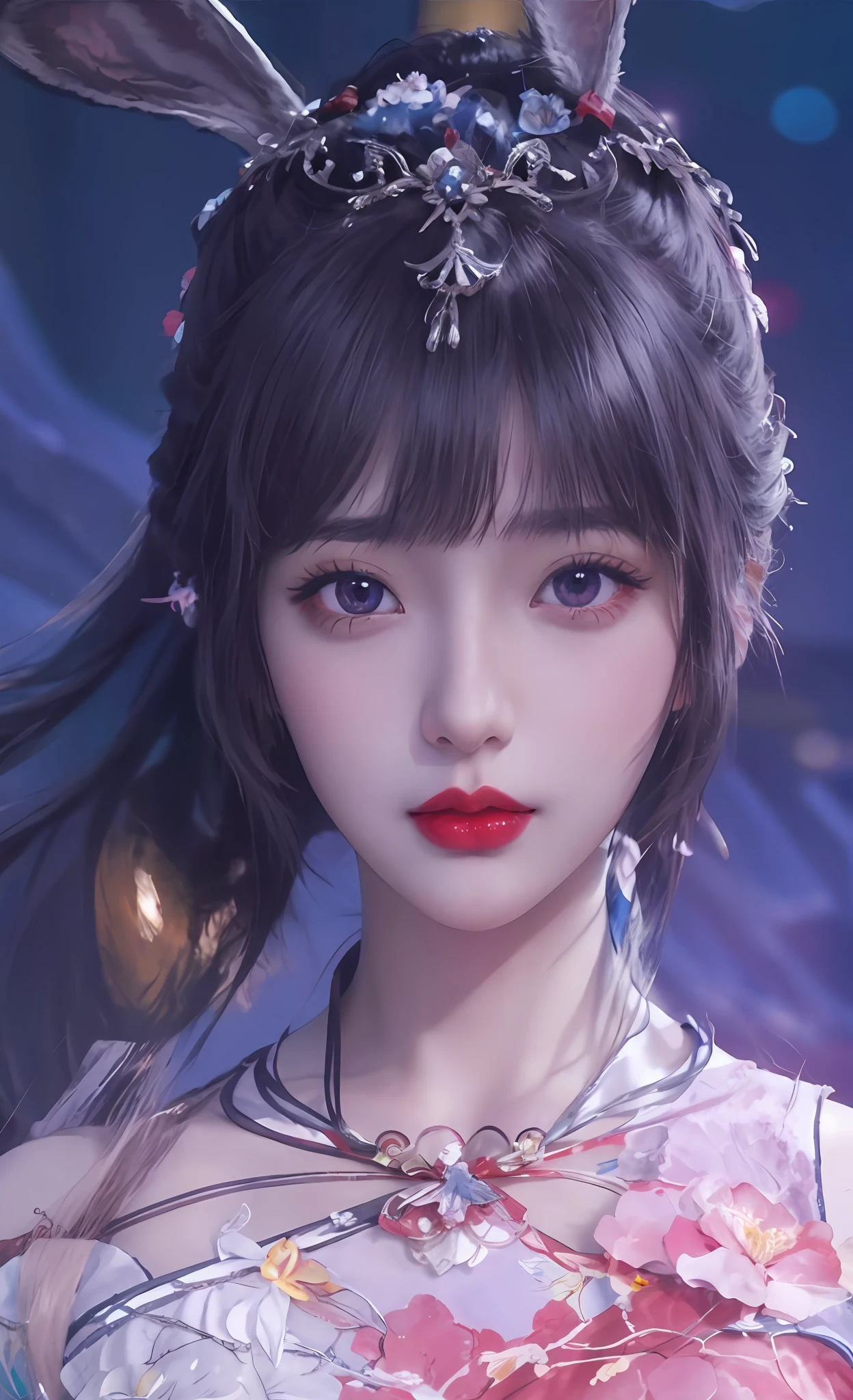 Une fille avec des oreilles de lapin，lèvres rouges，Des couleurs brillantes De superbes portraits de visages d&#39;anime, Art détaillé 8k de haute qualité, tendance sur cgstation, art cg anime lisse, portrait détaillé d&#39;une fille anime, Bokeh allemand d&#39;art 8K, palais ， une fille en hanfu