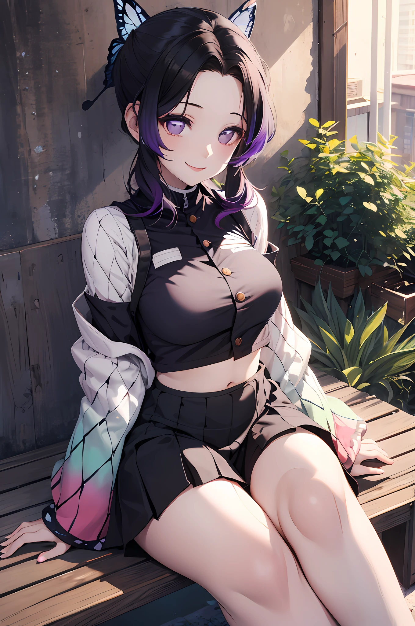 Masterpiece, Best Quality, hight resolution, 1girl, 独奏, Kochou Shinobu, Decorate your hair with a butterfly, violet eyes, multi-colored hair, Short hair, Parted bangs, Short shorts, spreading legs, skirt, turtleneck top, bellybutton, sitting, bench, exteriors, Smile, Erotica