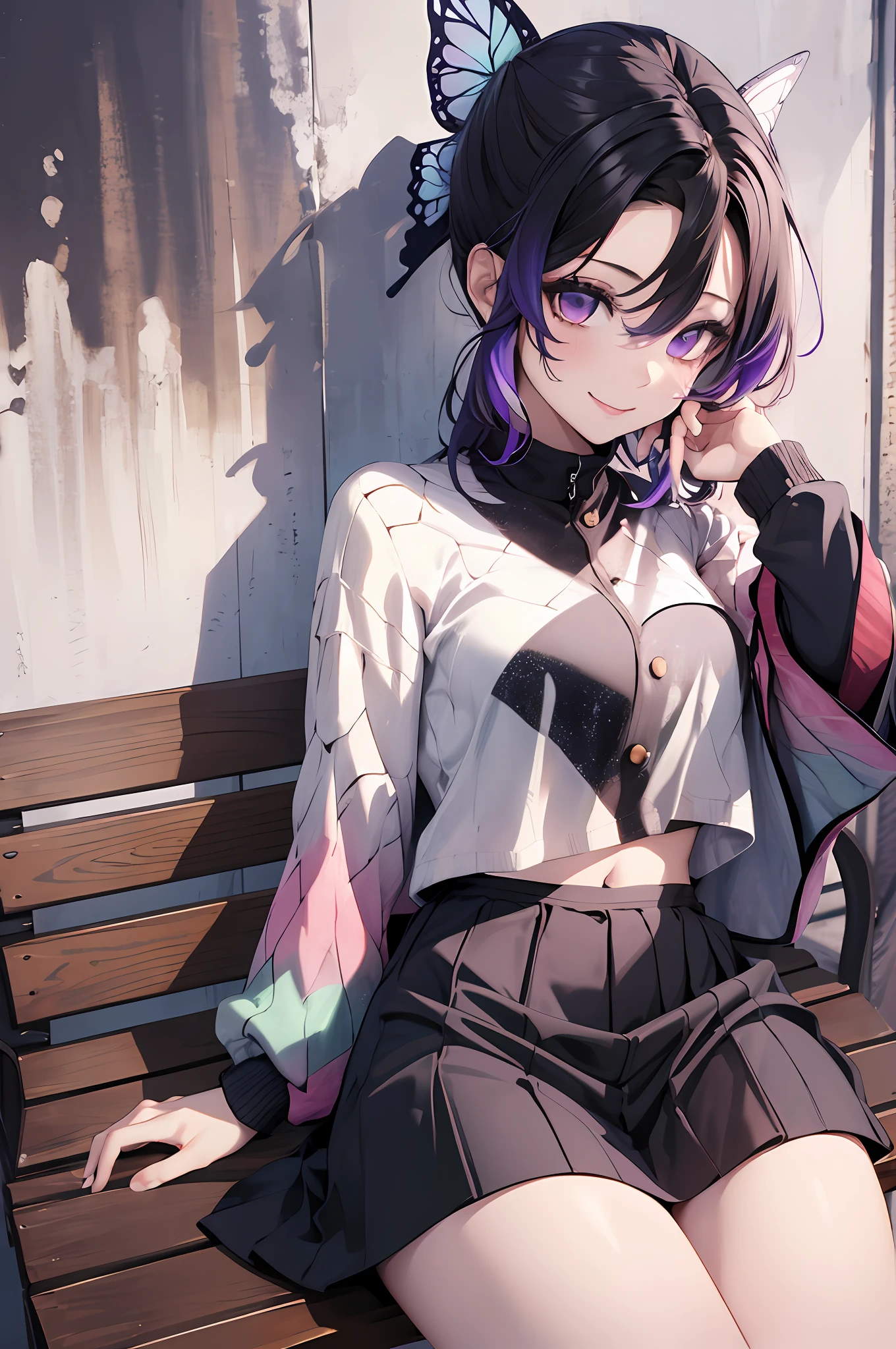 Masterpiece, Best Quality, hight resolution, 1girl, 独奏, Kochou Shinobu, Decorate your hair with a butterfly, violet eyes, multi-colored hair, Short hair, Parted bangs, Short shorts, spreading legs, skirt, turtleneck top, bellybutton, sitting, bench, exteriors, Smile, Erotica