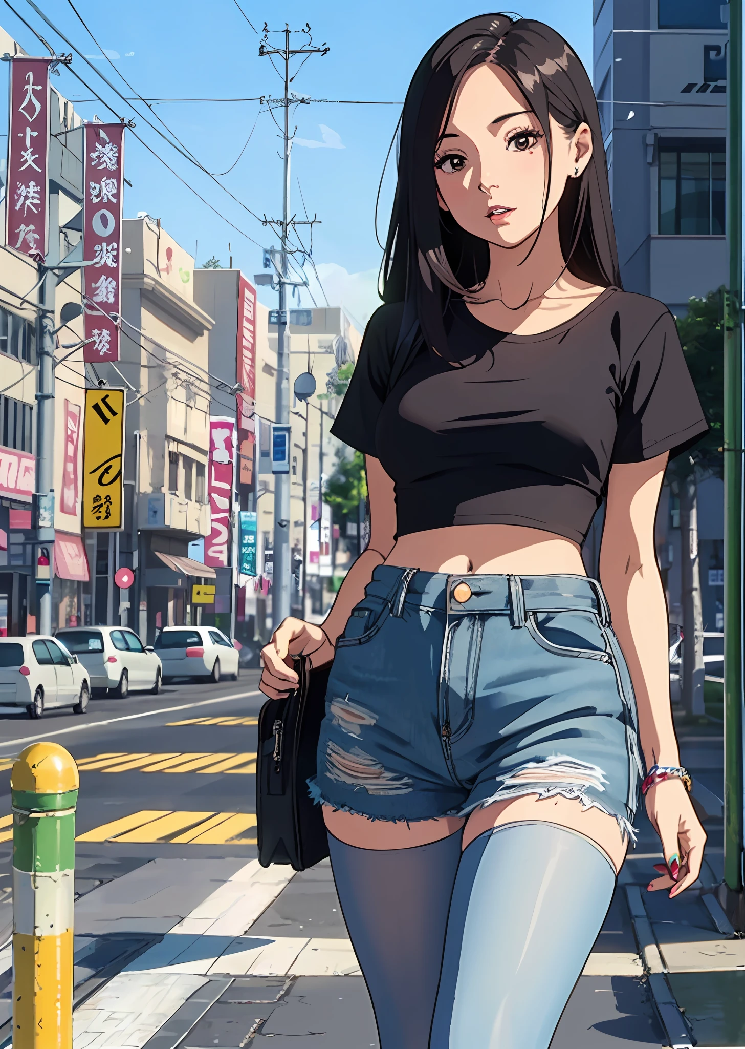 Anime girl walking down the street in a short skirt and black top - SeaArt  AI