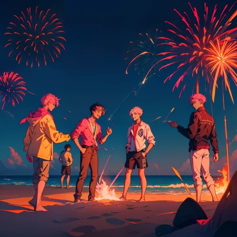 Four male high school students play together on the beach at night，Four handsome guys，the night，fire glow，bonfires，Male high sch...