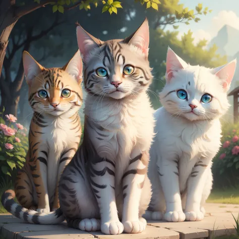 Real cats，Realisticstyle，Cute cat，beautidful eyes，Smooth hair，lively and lovely，beautiful nature，Full of charm，Outdoor background，without humans，high quality rendering