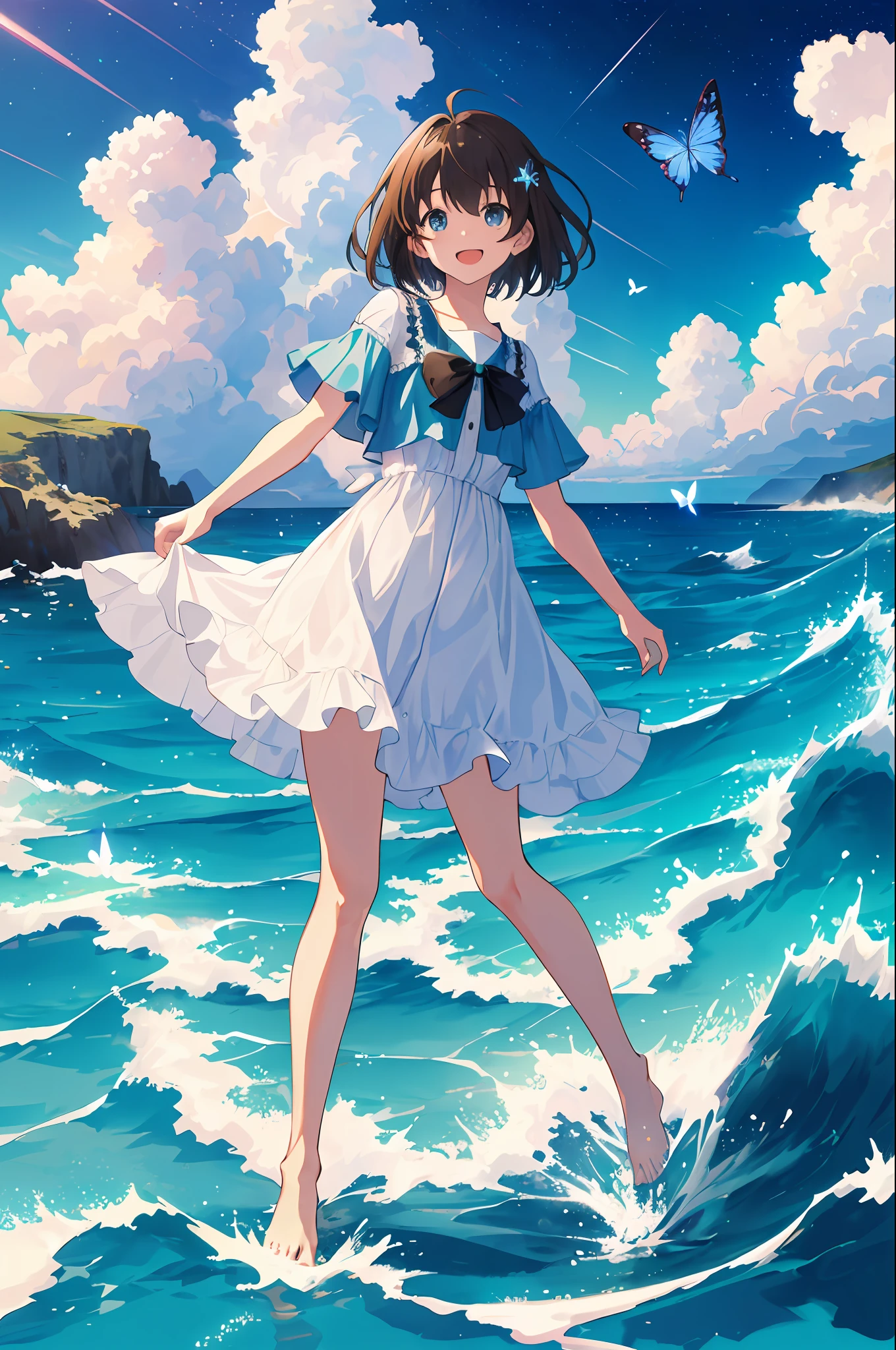 {{{masterpiece}}}, {{{high-quality}}}, {{{8K wallpaper}}},[(cloud background:1.5),::5] (isometric:1.0), 1girl, mid shot, full body, ocean, sea waves, water splashes, sky, light particles, butterflies, night, starry sky