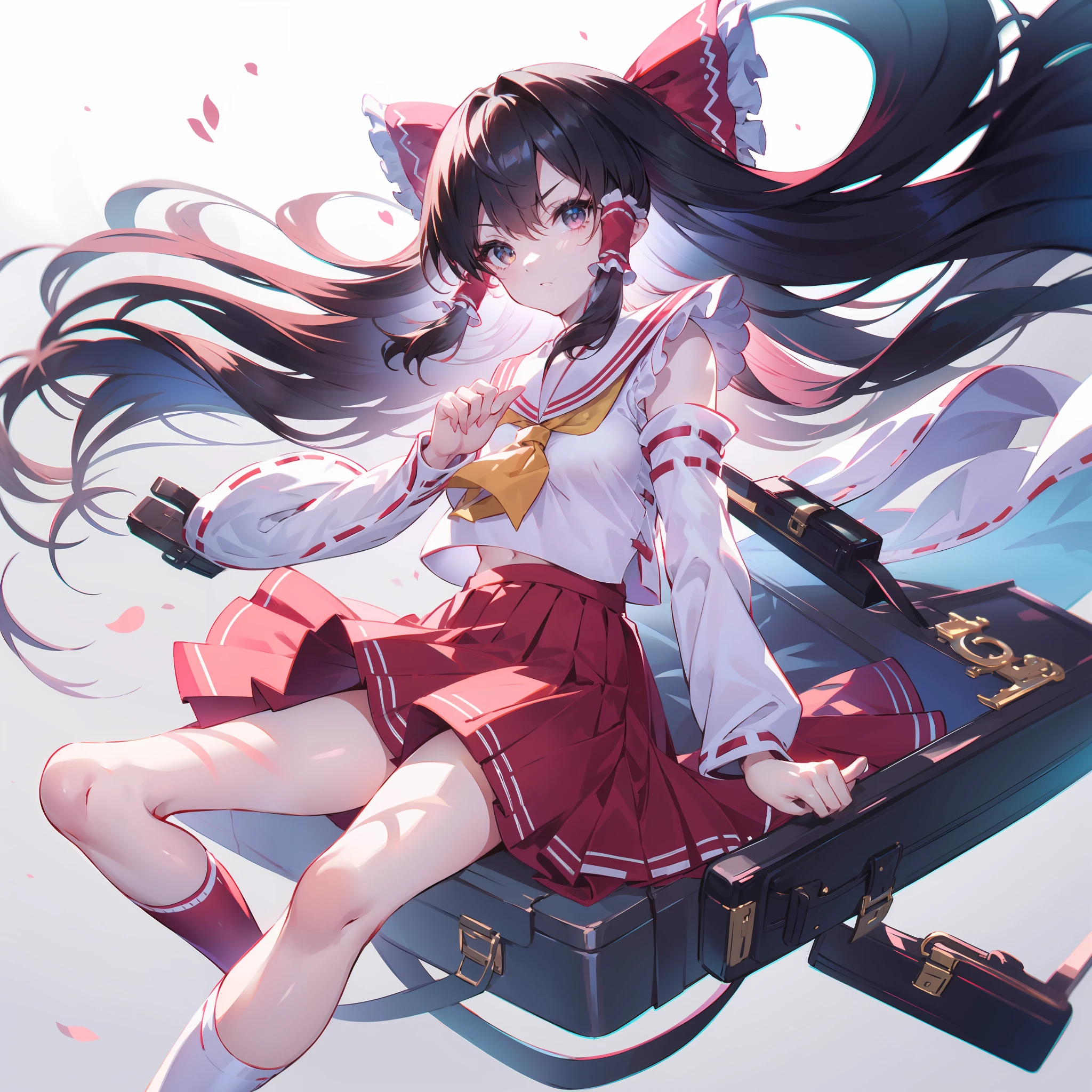 Depiction of a young woman with long hair holding a briefcase, 1 girl, Solo, reimu hakurei, School uniform, Just flat, Skirt, shoes, serafuku, White Sailor Uniform, sox, mary janes, School Background, different costume, Long sleeves, Black hair, From face to chest, Looking at Viewer, Long hair