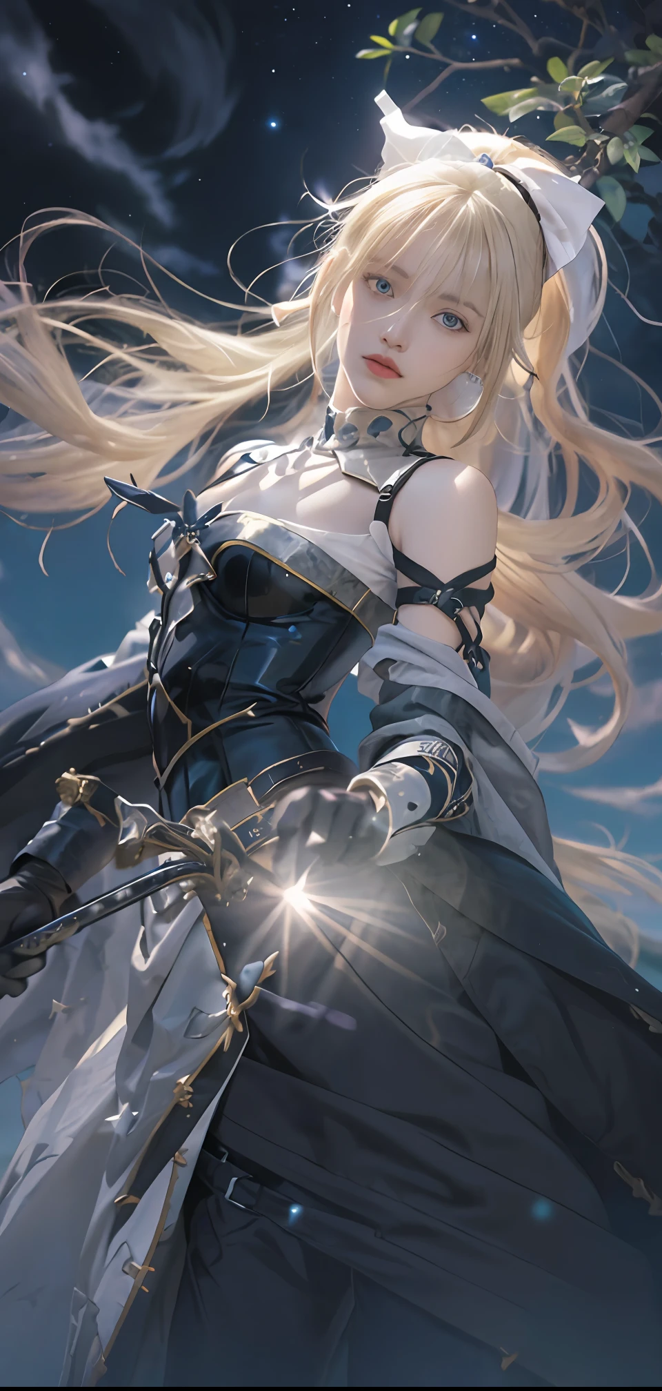 ((masterpiece:1.2, best quality)), realistic, 1girl, solo, blood, male focus, looking at viewer, artoria pendragon \(fate\), black (((suit))), black (((pant suit))), (((ponytail))), (((black gloves))), aurora, night, stars (sky), sky, night sky, starry sky, holding Magic Sword, Dark Clouds, Night, model shot, (Impressionism: 1.4), (Tarot: 1.3), Alphonse Mucha,