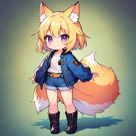 Wearing a navy blue jacket over a white shirt, Fox ,Gold Hair , Illustration, 1girl in, nffsw ,Chibi , Comedily small, Cute ,Lit...
