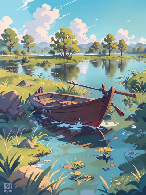 painting of a boat on a lake with a sky background, painterly illustration, detailed scenery —width 672, vibrant gouache painting scenery, landscape illustration, scenery artwork, gouache matte painting, a beautiful artwork illustration, marsh, serene illu...