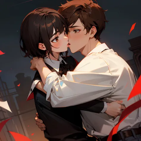 Boys and girls，In the moonlight，kisses，hugs，schoolgirls，Black color hair，short detailed hair，effeminate，Be red in the face，Boy's loose collared white shirt，Boy with brown hair，Brown eyes