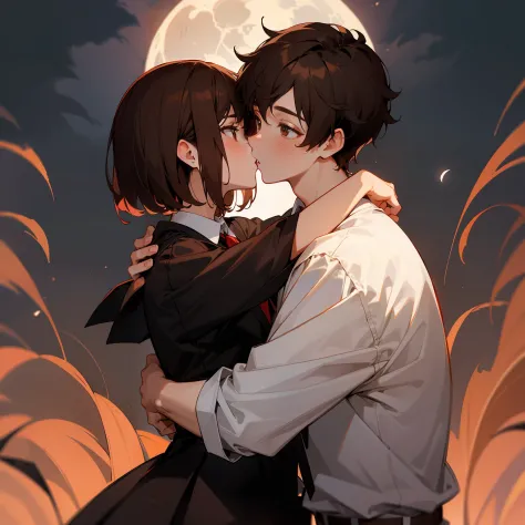 Boys and girls，In the moonlight，kisses，hugs，schoolgirls，Black color hair，short detailed hair，effeminate，Be red in the face，Boy's loose collared white shirt，Boy with brown hair，Brown eyes
