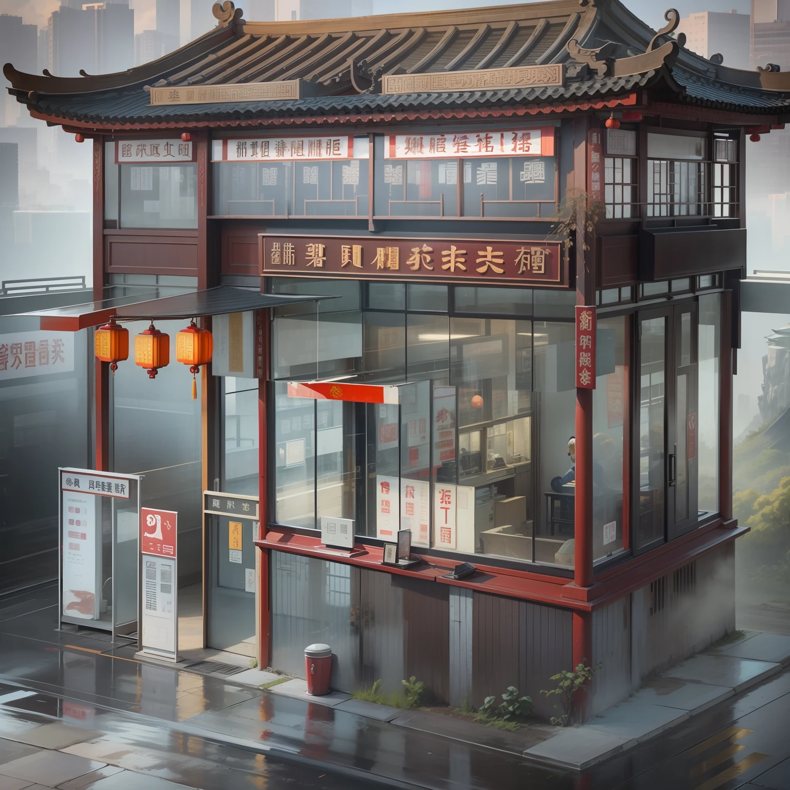 Chinese antique Chinese service station,Chinese architecture,High belt service station，（Sentry Booth – a convenient service station， Separate building on open space,full building,New Chinese style,Floor-to-ceiling glass curtain wall, -view,up front view,