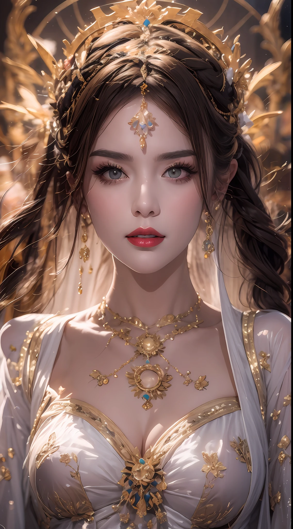 Portrait of a 27-year-old saint,Charming adult saint in a long dress made of thin silk, beautiful saint with an old face, adult, wearing a thin multicolored silk dress, beautiful face without blemishes, ((flat bangs:0.5)), (((platinum long hair:0.5))), big crown, hair brooch, hanfu dress, chinese ancient style, full body jewelry, forehead tattoo, super even chest, face, innocent face, ((mouth tight:0.8)), The most beautiful and detailed light red lipstick, ((Thin plump lips:0.3)), ((Golden Eyes color:0.6)), Detailed and delicate lighting effects, light and dark, dramatic lighting, magical light, extremely detailed light, true color, super sharp, realistic, 8k quality, fantasy universe background, saints and magical space, the most detailed images, ((Solo:0.3)), ((a saintess:0.6)), ((looking directly at the saint's upper body:0.4)), ((smooth skin:0.5)), ((the holy woman's veil:0.6)), ((solo:0.5)), ((alone girl:0.4)),