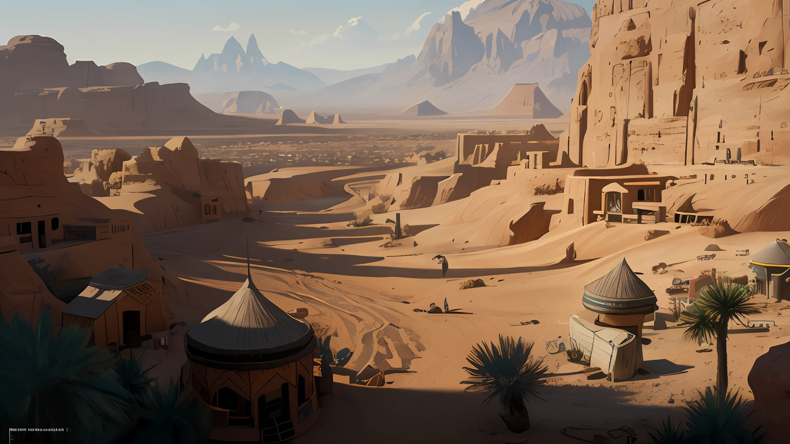 有一幅画描绘的是一座沙漠小镇，背景是一座山, 概念艺术壁纸4k, Detailed 4k 概念艺术, 绘画概念艺术, 沙漠城, 4k 概念艺术, 4k 概念艺术, 8k 高细节概念艺术, 概念艺术 8 k, 详细的数字概念艺术, 在沙漠的某个地方
