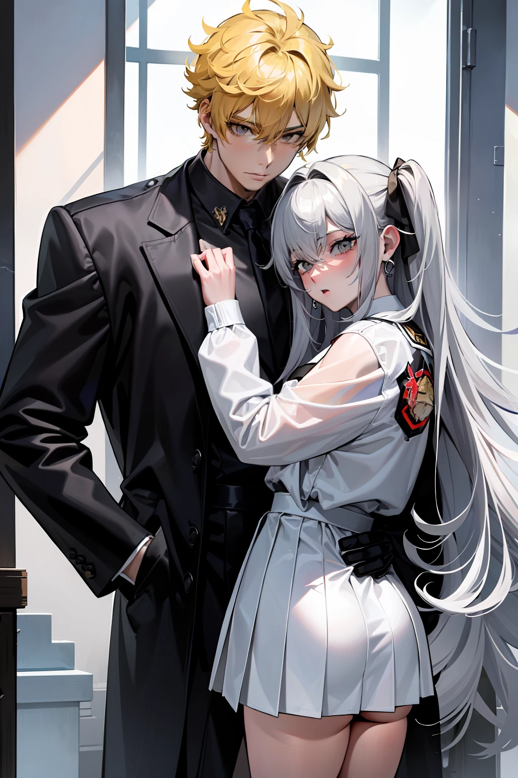 Masterpiece，Best quality，High details，1boys，Light yellow hair，校服，white  shirt,，Wear earrings，Black coat，hooligan，This character has muscles，Tall，Very handsome，There are tattoos on the arms，1girll，Long gray hair，teens girl