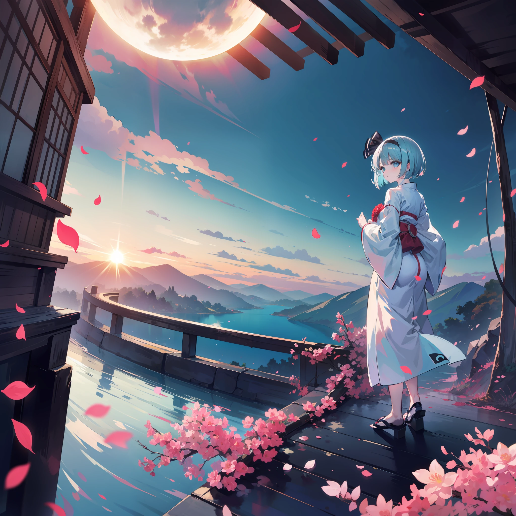 Full Body, Hell, Youmu Konpaku, Short Gray Hair, Higanbana, Dark Taste, Japanese Style, World Collapse, White River, Soul, Falling Petals, Beautiful Scenery, Cyan Sky, Total Solar Eclipse --s 500 --niji 5