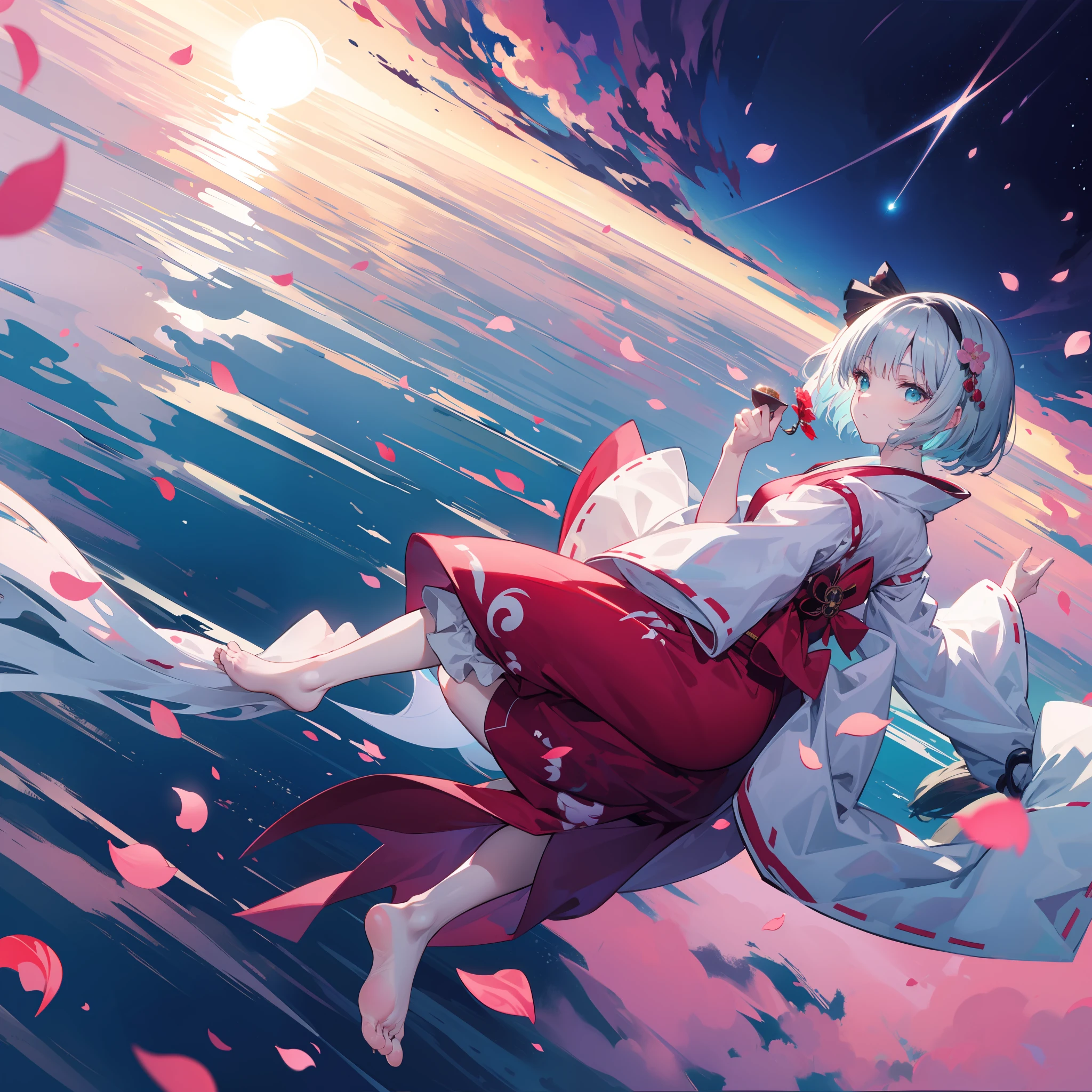 Full Body, Hell, Youmu Konpaku, Short Gray Hair, Higanbana, Dark Taste, Japanese Style, World Collapse, White River, Soul, Falling Petals, Beautiful Scenery, Cyan Sky, Total Solar Eclipse --s 500 --niji 5