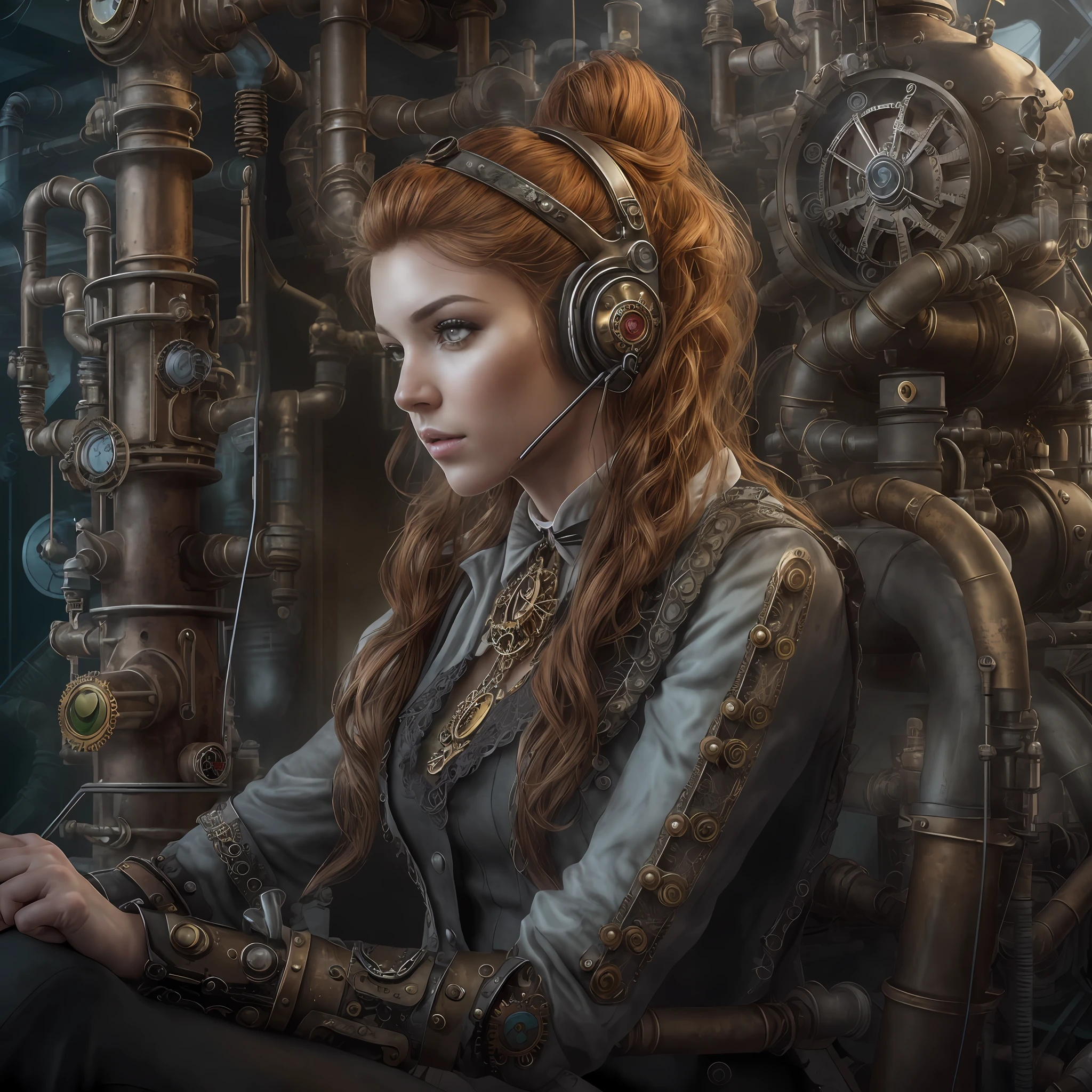 (photo, photorealistic:1.37), one girl, full body, sitting on a chair, shot from side, profile, slow motion, female steampunk engineer, (wearing a gray jumpsuit with steampunk details:1.2),(ornately decorated intercom headset:1.3), (ornately decorated choker), (insanely detailed steampunk, bloom:1.5), (detailed pupils:1.1), detailed face and green eyes, Masterpiece, best quality, (highly detailed photo:1.1), (long ginger Hair, ponytail,ecstatic:1.1), (young woman:1.1), sharp, (perfect body:1.1), realistic, real shadow, 3d, (steampunk workshop interior filled with lots of steam pipes background:1.2), photographed by Canan EOS R6, 135mm, 1/1250s, f/2.8, ISO 400