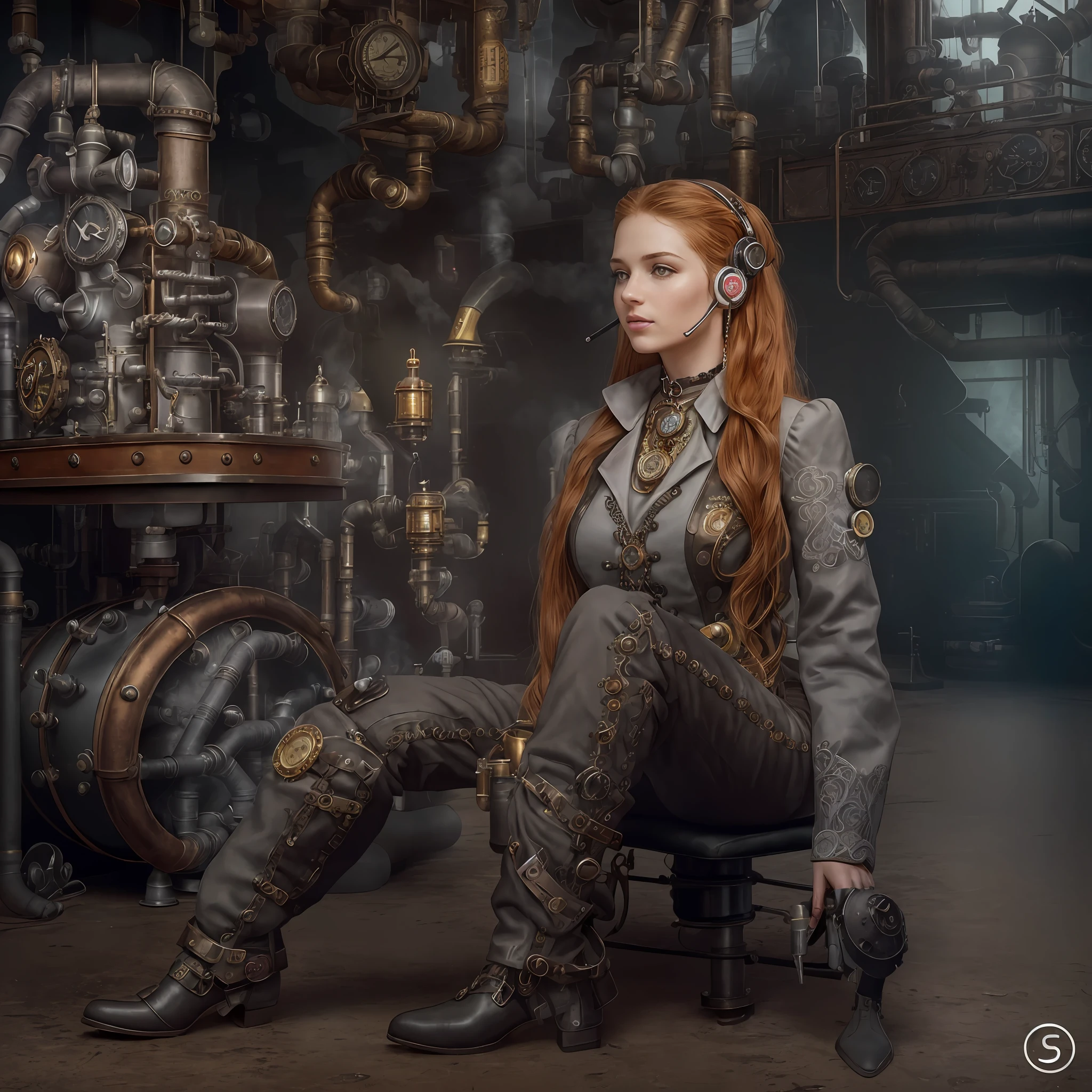 (photo, photorealistic:1.37), one girl, full body, sitting on a chair, shot from side, profile, slow motion, female steampunk engineer, (wearing a gray jumpsuit with steampunk details:1.2),(ornately decorated intercom headset:1.3), (ornately decorated choker), (insanely detailed steampunk, bloom:1.5), (detailed pupils:1.1), detailed face and green eyes, Masterpiece, best quality, (highly detailed photo:1.1), (long ginger Hair, ponytail,ecstatic:1.1), (young woman:1.1), sharp, (perfect body:1.1), realistic, real shadow, 3d, (steampunk workshop interior filled with lots of steam pipes background:1.2), photographed by Canan EOS R6, 135mm, 1/1250s, f/2.8, ISO 400