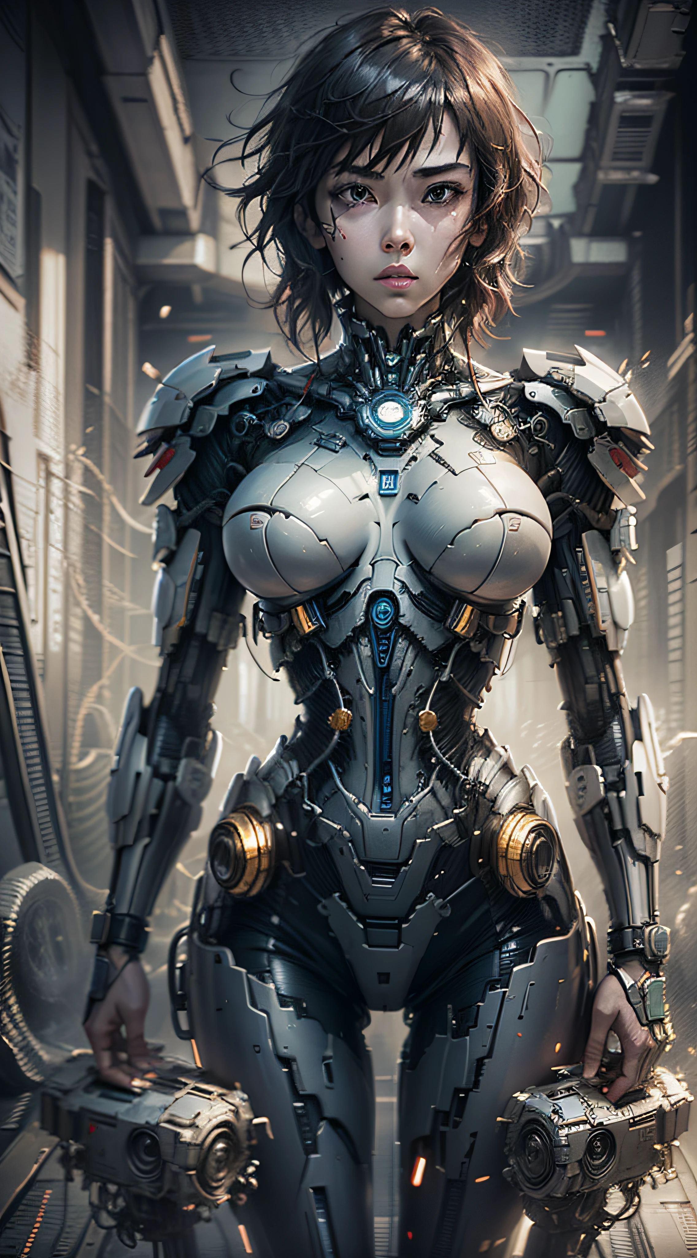 ghost in the shell kusanagi corpo escultural, in a machine with cables and wires connected, future mecha uniform,