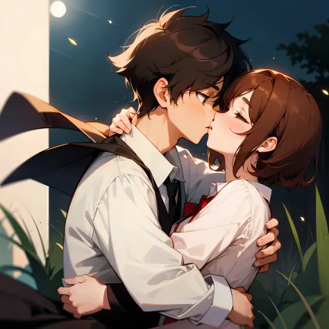 Boys and girls，In the moonlight，kisses，hugs，Boy's loose collared white shirt，Boy with brown hair，Pur，schoolgirls，Black color hair，short detailed hair，effeminate，Be red in the face，With his eyes closed