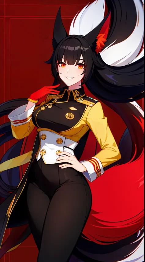 adult woman, long black hair, fox ears, yellow and red eyes, fox tails, combat uniform, smile, masterpiece, hiquality