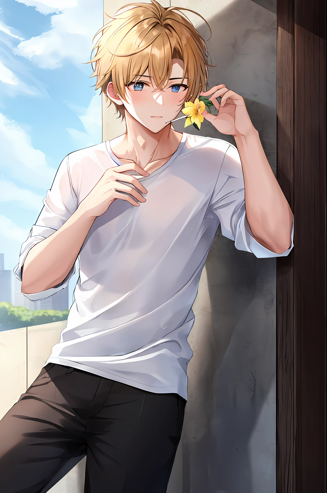 A laid-back handsome boy in a white shirt，Smelling a flower，golden hair，Youthful