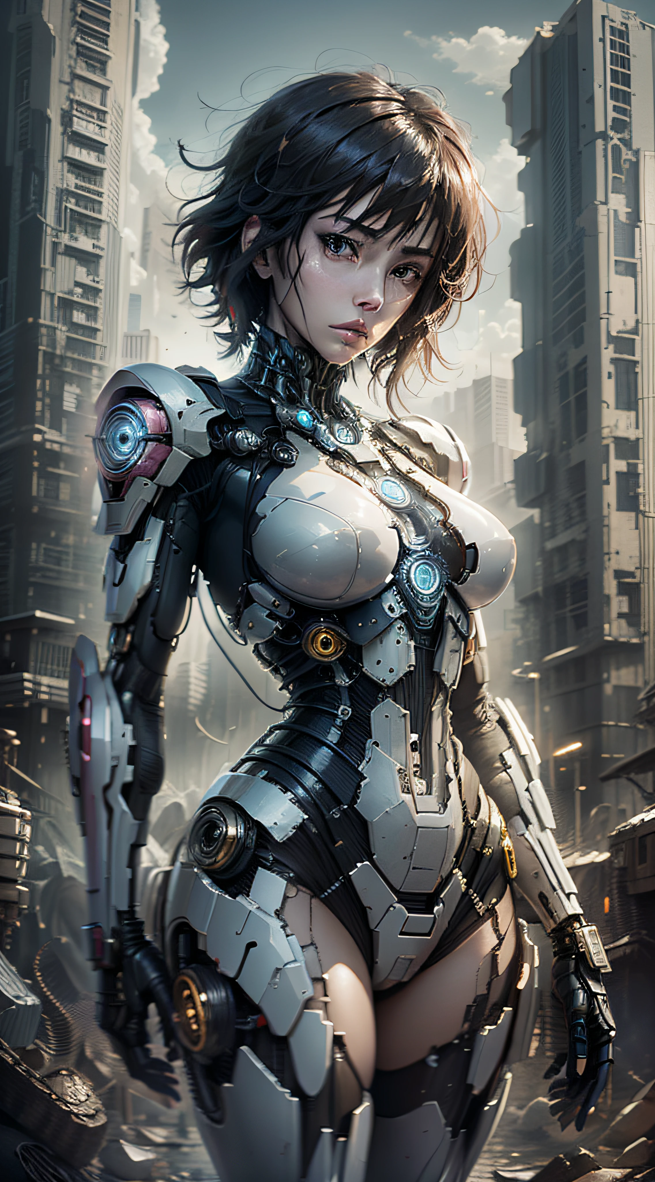 ghost in the shell kusanagi corpo escultural, numa maquina com cabos e fios ligados, uniforme mecha do futuro, modern robot factory,