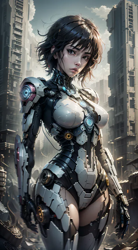 ghost in the shell kusanagi corpo escultural, numa maquina com cabos e fios ligados, uniforme mecha do futuro, modern robot fact...