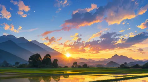 a paddy field, with mountain in the background, sunrise, landscape, immersive