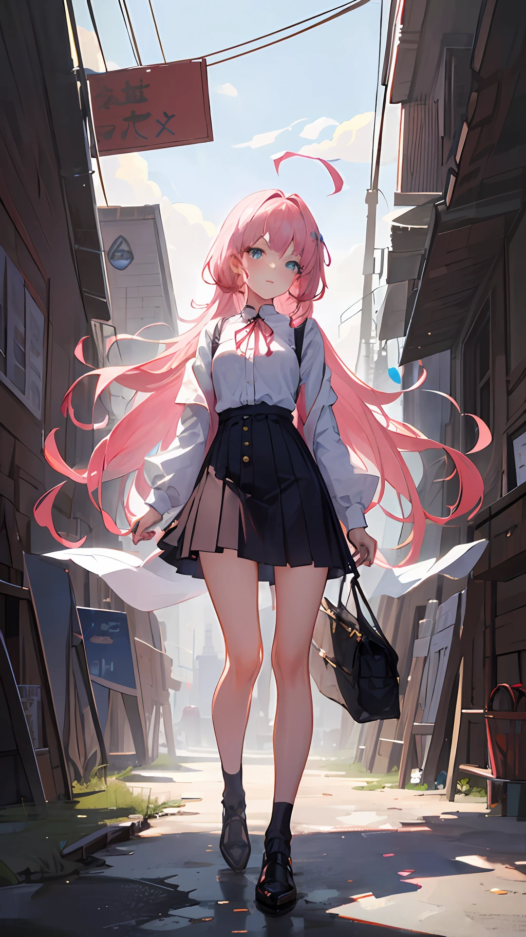 (finely detailed beautiful eyes and detailed face,masterpiece sidelighting,Masterpiece,Best quality,Detailed,high-resolution illustrations),
(Urban tech clothing, Fantasy background, Village),
(1girll,Whole body,a beauty girl,Glossy glossy skin,Looking down,view the viewer),
(Pink hair,Blue eyes,Short skirt,ribbon,button- shirt)