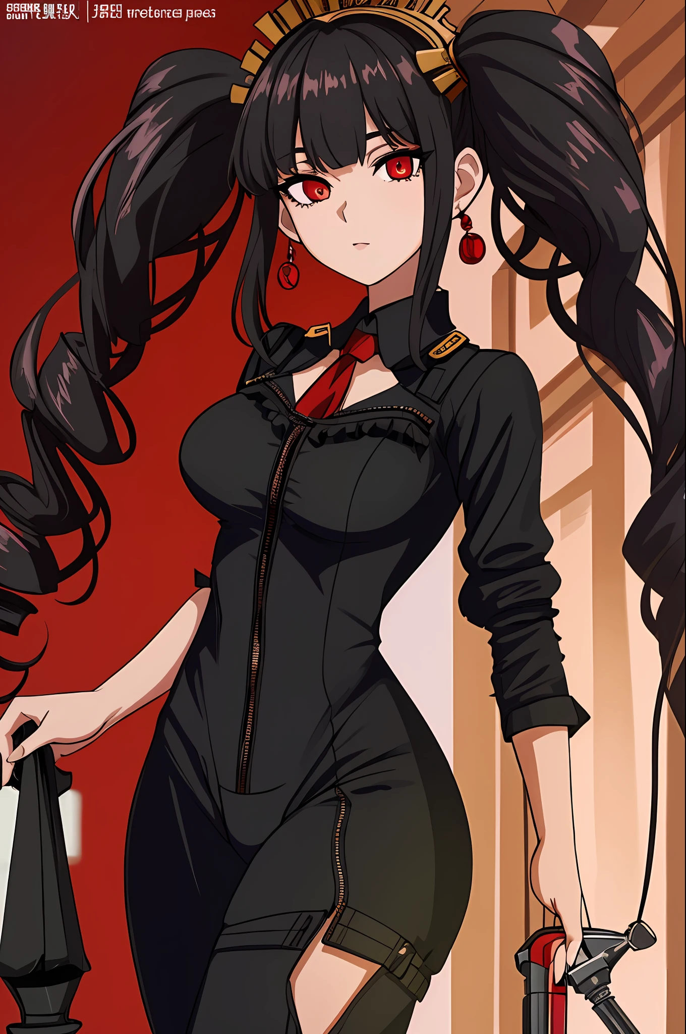Masterpiece, absurdres,HDR,8k,best quality, ((beautifully detailed eyes and face)), black fabric, a woman in a sexy lingerie posing for a picture ,wearing V Neck Onesie Pajamas Jumpsuit Romper Bodysuit with Drop Seat Butt Flap, Celestia Ludenburg, has black hair in two large twin-drill pigtails, red eyes