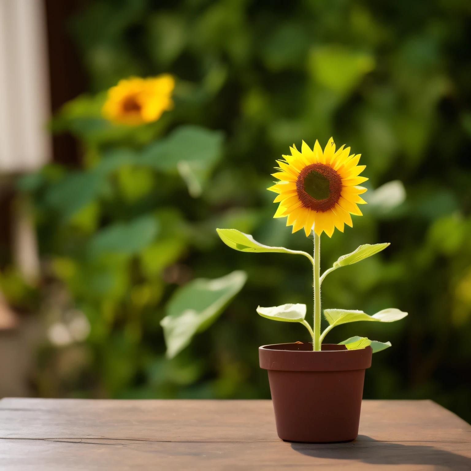 Potted plant: A sunflower wearing sunglasses, On the table in the bedroom，Sunlight slanting，high detal, 4K