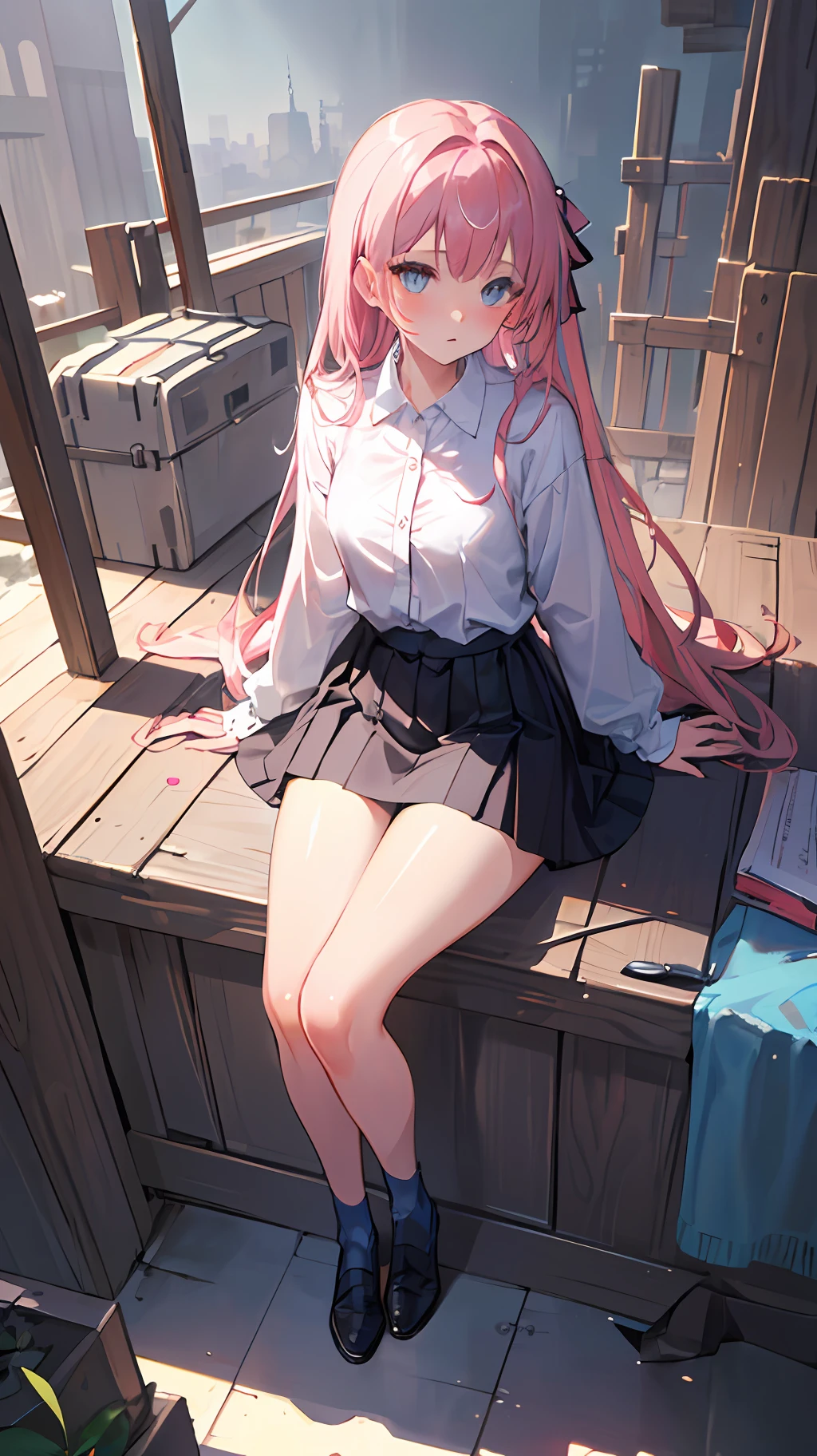 (finely detailed beautiful eyes and detailed face,masterpiece sidelighting,Masterpiece,Best quality,Detailed,high-resolution illustrations),
(Urban tech clothing, Fantasy background, Village),
(1girll,Whole body,a beauty girl,Glossy glossy skin,Looking down,view the viewer),
(Pink hair,Blue eyes,Short skirt,ribbon,button- shirt)