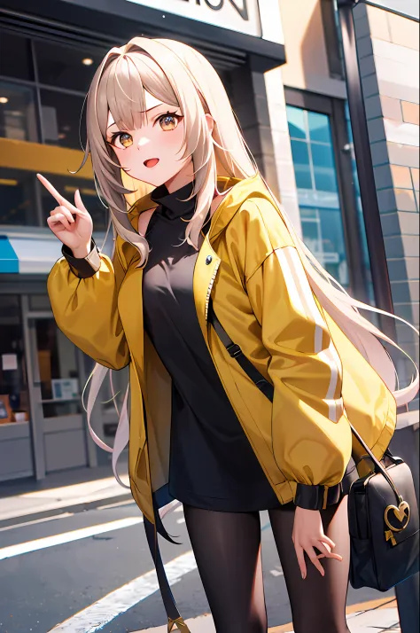 tmasterpiece，best qualtiy，A high resolution，iono1，1girl，long whitr hair，Yellow jacket，street corner，cowboy lens，leaning-forward，...