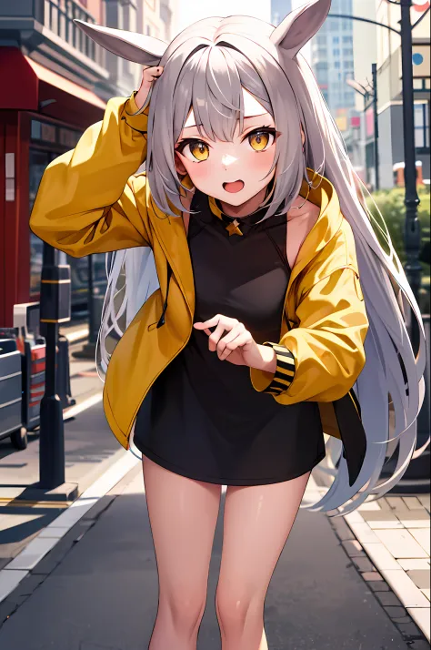 tmasterpiece，best qualtiy，a high resolution，iono1，1girl，long whitr hair，yellow jacket，street corner，cowboy lens，leaning-forward，...