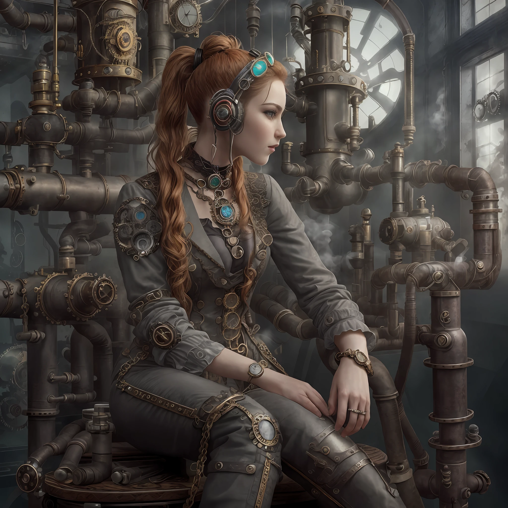 (photo, photorealistic:1.37), one girl, full body, sitting on a chair, shot from side, profile, slow motion, female steampunk engineer, (wearing a gray jumpsuit with steampunk details:1.2),(ornately decorated intercom headset:1.3), (ornately decorated choker), (insanely detailed steampunk, bloom:1.5), (detailed pupils:1.1), detailed face and green eyes, Masterpiece, best quality, (highly detailed photo:1.1), (long ginger Hair, ponytail,ecstatic:1.1), (young woman:1.1), sharp, (perfect body:1.1), realistic, real shadow, 3d, (steampunk workshop interior filled with lots of steam pipes background:1.2), photographed by Canan EOS R6, 135mm, 1/1250s, f/2.8, ISO 400