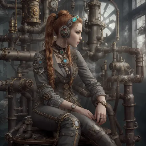 (photo, photorealistic:1.37), one girl, full body, sitting on a chair, shot from side, profile, slow motion, female steampunk en...