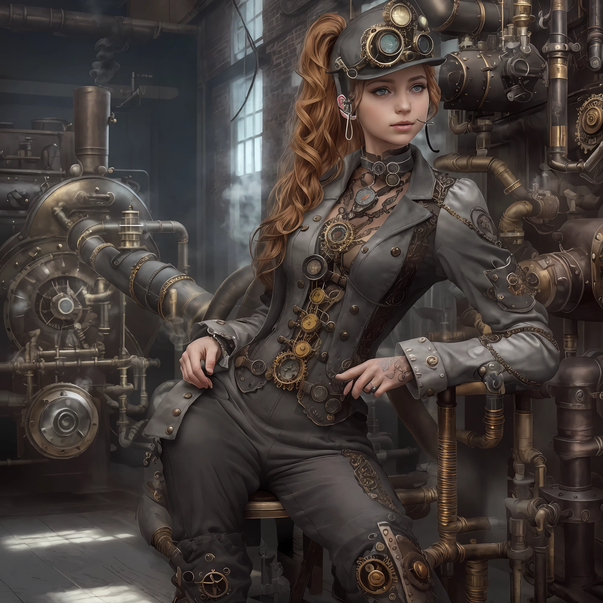 (照片, 照片實際的:1.37), 一個女孩, Full body, 坐在椅子上, shot From side, proFile, 慢動作, Female steampunk engineer, (身穿帶有蒸氣龐克細節的灰色連身褲:1.2),(裝飾華麗的對講耳機:1.3), (裝飾華麗的頸鍊), (極為細緻的蒸氣龐克, 盛開:1.5), (詳細的學生:1.1), detailed Face and green eyes, 傑作, 最好的品質, (highly detailed 照片:1.1), (薑黃色長髮, 馬尾辮,欣喜若狂:1.1), (年輕女子:1.1), 鋒利的, (perFect body:1.1), 實際的, 真實陰影, 3D, (steampunk workshop interior Filled with lots oF steam pipes background:1.2), 照片graphed by Canan EOS R6, 135毫米, 1/1250秒, F/2.8, ISO 400