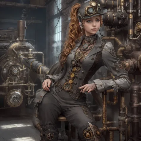 (photo, photorealistic:1.37), one girl, full body, sitting on a chair, shot from side, profile, slow motion, female steampunk en...