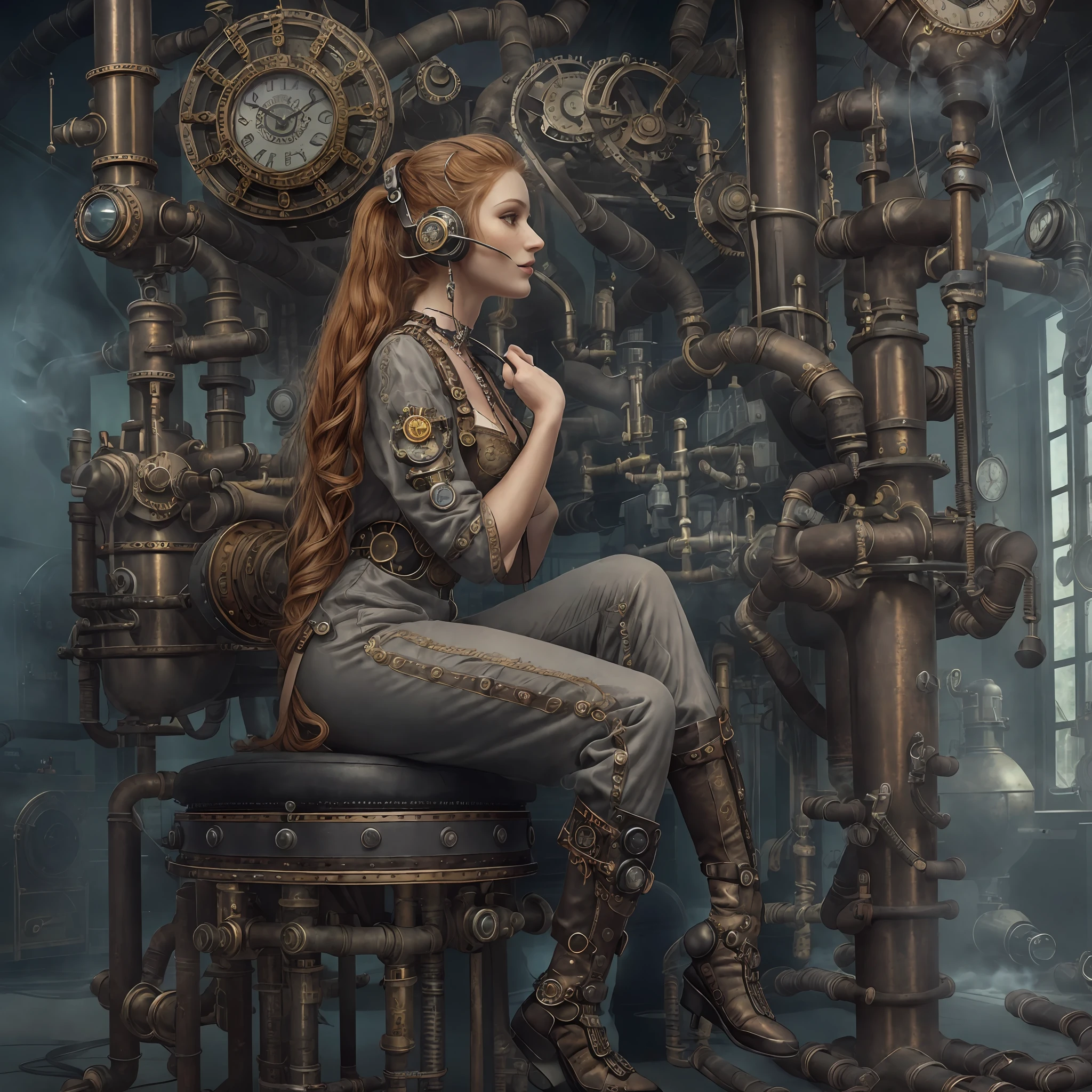 (photo, photorealistic:1.37), one girl, full body, sitting on a chair, shot from side, profile, slow motion, female steampunk engineer, (wearing a gray jumpsuit with steampunk details:1.2),(ornately decorated intercom headset:1.3), (ornately decorated choker), (insanely detailed steampunk, bloom:1.5), (detailed pupils:1.1), detailed face and green eyes, Masterpiece, best quality, (highly detailed photo:1.1), (long ginger Hair, ponytail,ecstatic:1.1), (young woman:1.1), sharp, (perfect body:1.1), realistic, real shadow, 3d, (steampunk workshop interior filled with lots of steam pipes background:1.2), photographed by Canan EOS R6, 135mm, 1/1250s, f/2.8, ISO 400