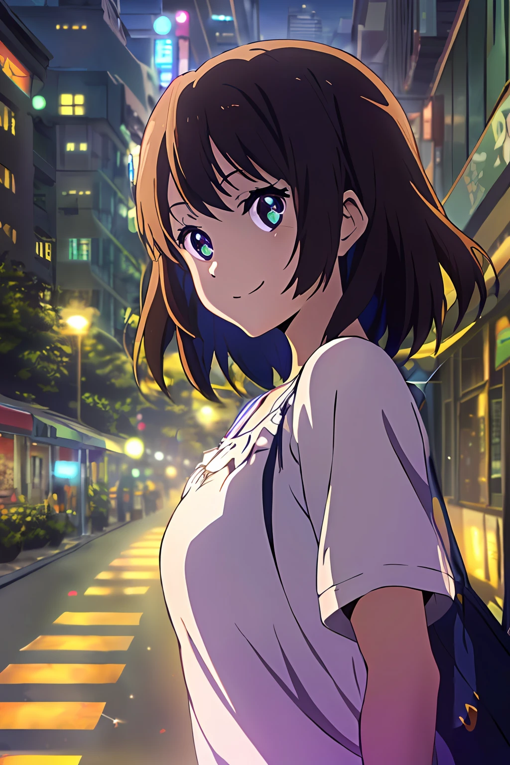 (highres, best quality:1.2), 1girl, kyoani artstyle, 1girl, sparkling eyes, radiance, soft contours, beautiful drawing, upper body, concept art, neon light, eyelashes, smile, casual wear, summer city background, kyoani hyouka style