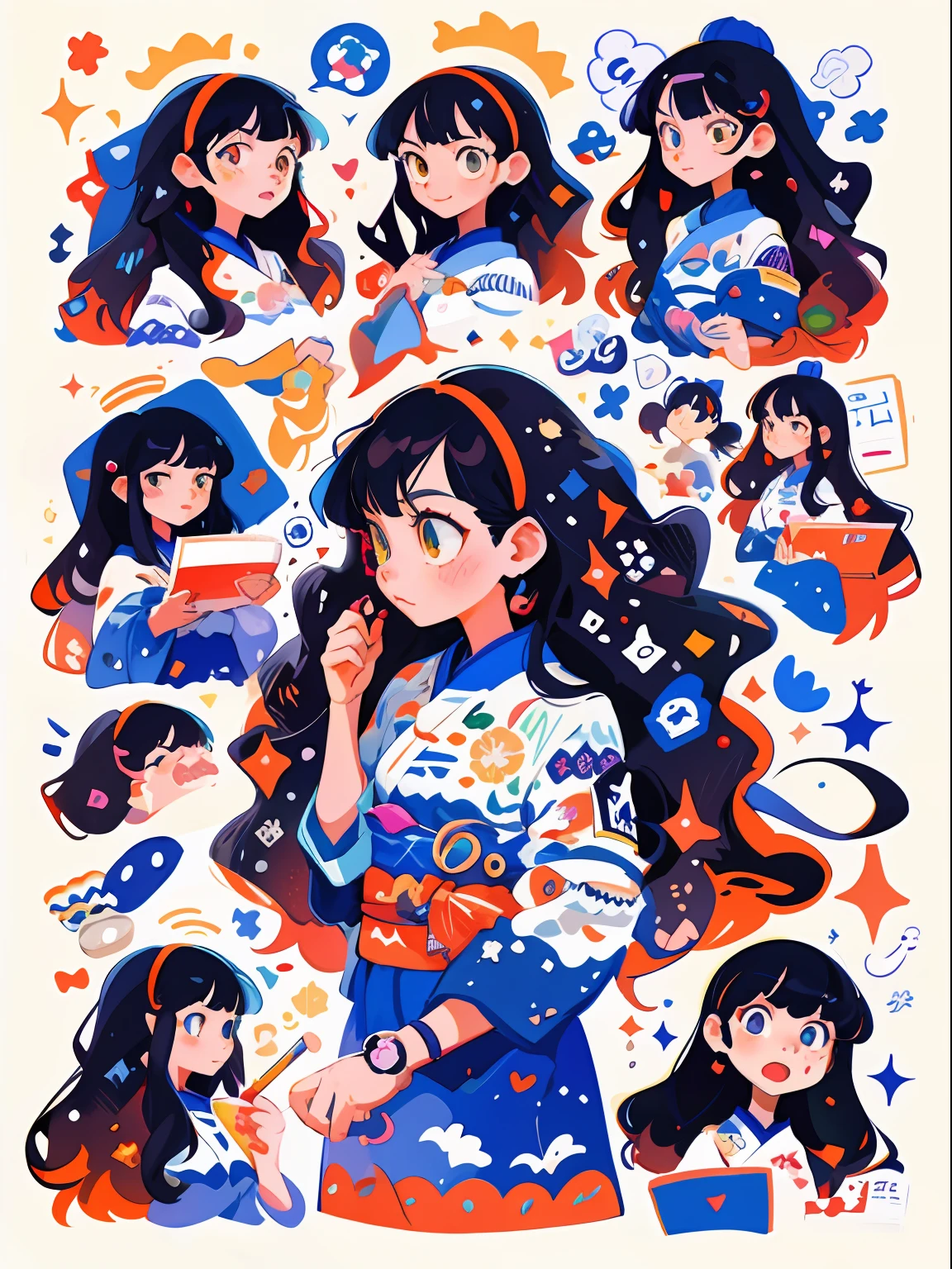 a drawing，A girl with a lot of different expressions on her face, japanese illustrator, Illustration style, lovely art style, Colorful illustration, Digital anime illustration, colorful illustrations, cute detailed artwork, cute illustration, Anime style illustration, 2 d illustration, 2 d gouache illustration, 2D illustration, author：Ryan Yee, anime graphic illustration, 2d digital illustration, anime illustration