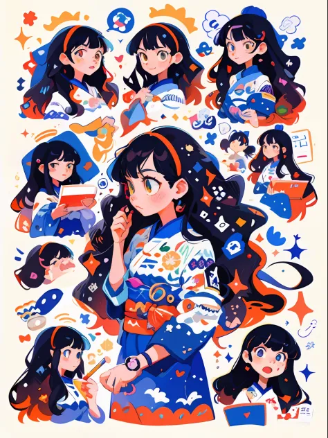 a drawing，A girl with a lot of different expressions on her face, japanese illustrator, Illustration style, lovely art style, Colorful illustration, Digital anime illustration, colorful illustrations, cute detailed artwork, cute illustration, Anime style i...