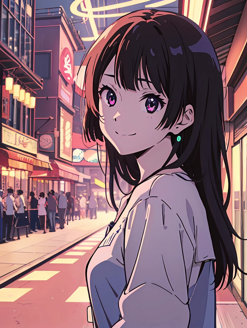 (highres, best quality:1.2), 1girl, kyoani artstyle, 1girl, sparkling eyes, radiance, soft contours, beautiful drawing, upper body, concept art, neon light, eyelashes, smile, casual wear, summer city background, kyoani hyouka style