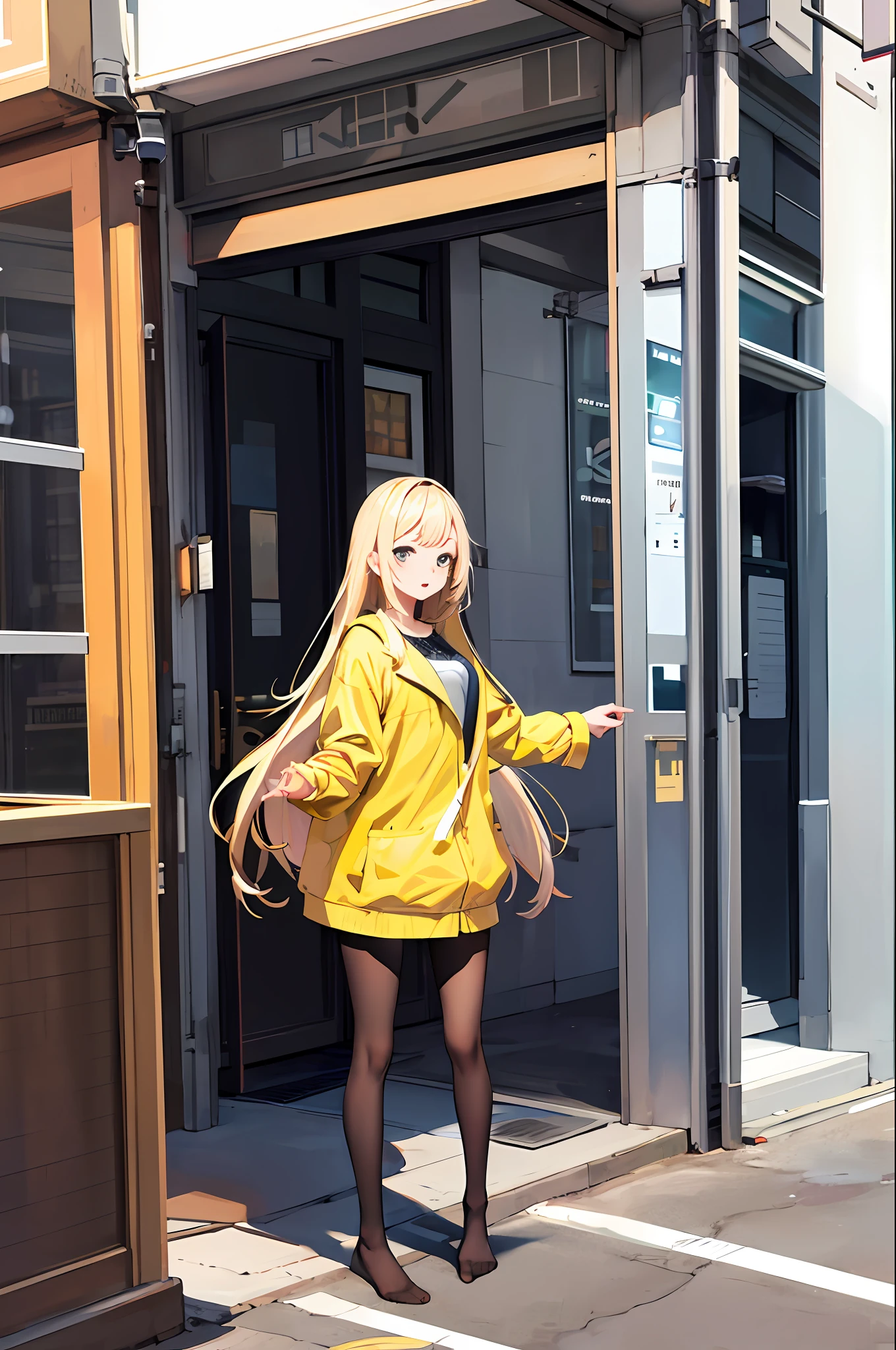 tmasterpiece，best qualtiy，A high resolution，IONO1，1girll，long whitr hair，Yellow jacket，street corner，black lence stockings，No shoes on，standing on your feet