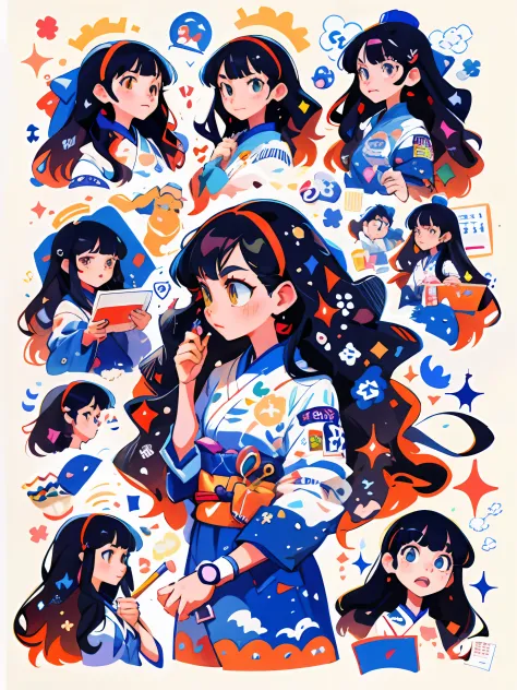 a drawing，A girl with a lot of different expressions on her face,Expressions portray details，Super fine Japanese illustrator, Illustration style, lovely art style, Colorful illustration, Digital anime illustration, Colorful illustrations, cute detailed art...