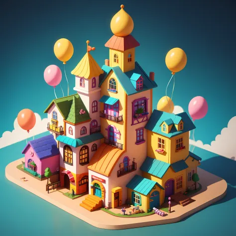 Isometric house，（45-degree perspective from top to bottom），cartoony，Candy   House，manycoloredballoons，cute building，huge candy-like signboard，An amusement park，Blank background，Clear structure，The right light and shadow，3Drenderingof